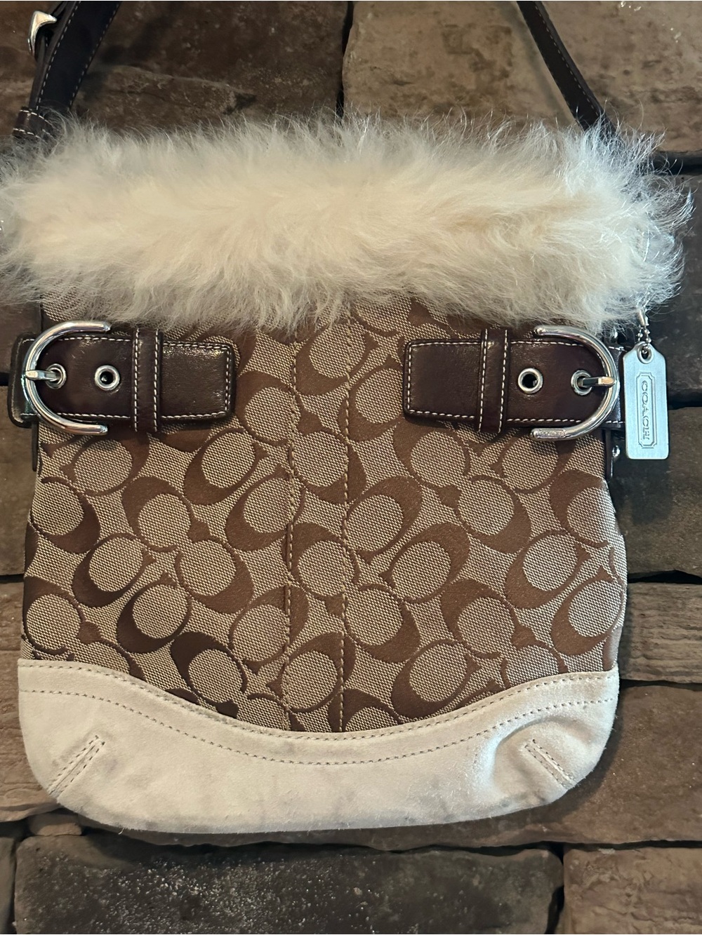 Auth. Coach Brown Signature Canvas Shoulder Bag with Shearling Cream Fur Trim!! - Picture 7 of 15
